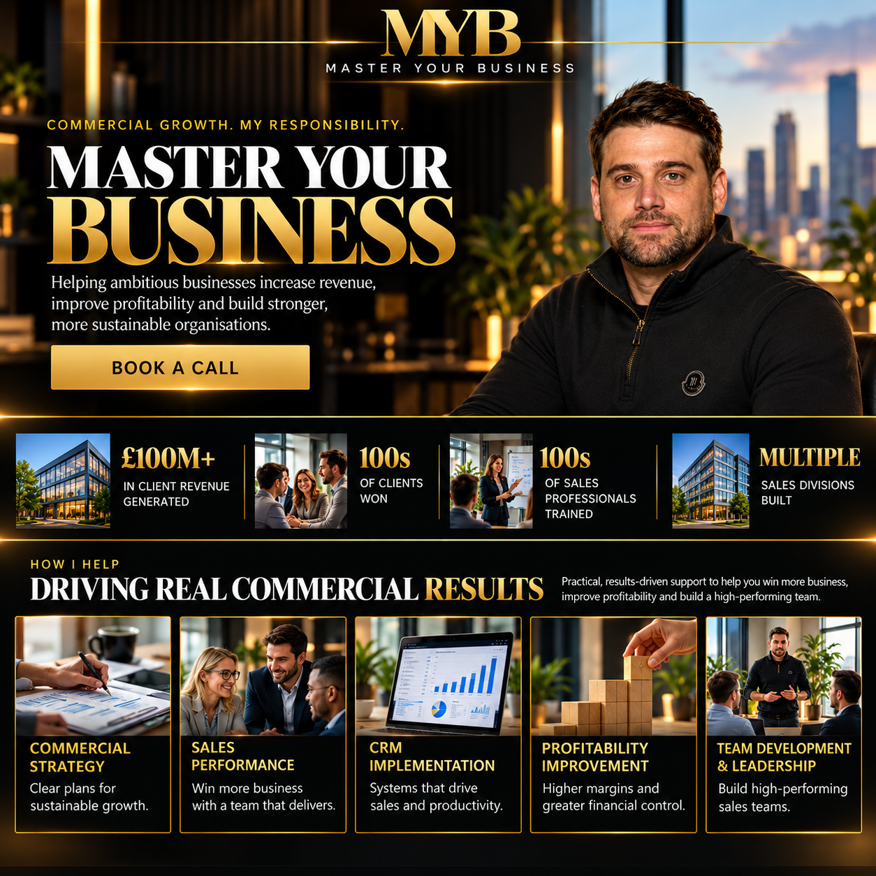 Master Your Business — commercial growth consultancy. £100m+ client revenue generated, hundreds of clients won, hundreds of sales professionals trained, and multiple sales divisions built. Services include commercial strategy, sales performance, CRM implementation, profitability improvement, client acquisition, and team development.